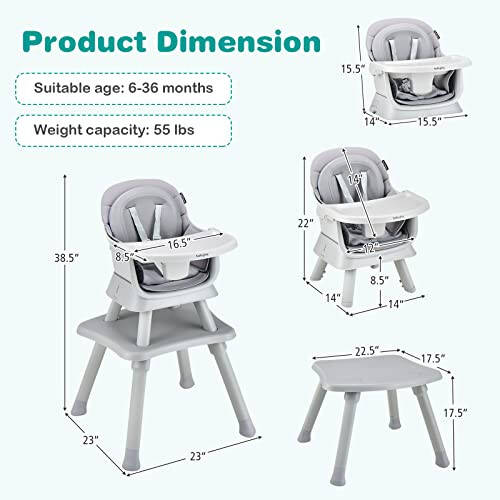 BABY JOY Baby High Chair, 8 in 1 Convertible Highchair for Babies & Toddlers | Booster Seat | Table and Chair Set | Building Block Table | Toddler Chair with Safety Harness, Removable Tray (Gray) - 36