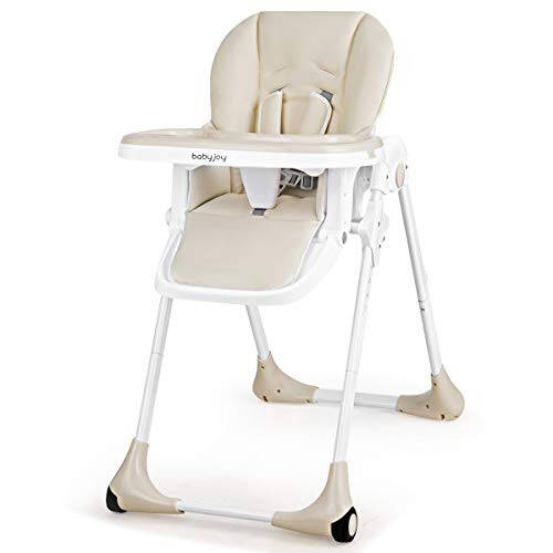 BABY JOY Convertible High Chair for Babies & Toddlers, Height Adjustable, Grow & Go High Chair w/Recline & Footrest, Removable Double Tray, Portable Baby Dinning Chair with Wheels (Beige) - 45