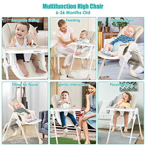 BABY JOY Convertible High Chair for Babies & Toddlers, Height Adjustable, Grow & Go High Chair w/Recline & Footrest, Removable Double Tray, Portable Baby Dinning Chair with Wheels (Beige) - 46