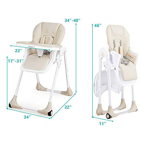 BABY JOY Convertible High Chair for Babies & Toddlers, Height Adjustable, Grow & Go High Chair w/Recline & Footrest, Removable Double Tray, Portable Baby Dinning Chair with Wheels (Beige) - 6