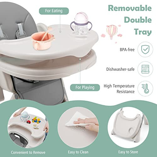 BABY JOY Dönüştürülebilir Yüksek Bebek Sandalyesi, Katlanabilir Yüksek Sandalye Ayarlanabilir Sırtlık/Ayaklık/Sandalye Yüksekliği ile, Çıkarılabilir Çift Tepsi, Çıkarılabilir PU Yastık, Dahili Ön Tekerlekler (Gri) - 46