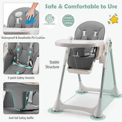 BABY JOY Dönüştürülebilir Yüksek Bebek Sandalyesi, Katlanabilir Yüksek Sandalye Ayarlanabilir Sırtlık/Ayaklık/Sandalye Yüksekliği ile, Çıkarılabilir Çift Tepsi, Çıkarılabilir PU Yastık, Dahili Ön Tekerlekler (Gri) - 31