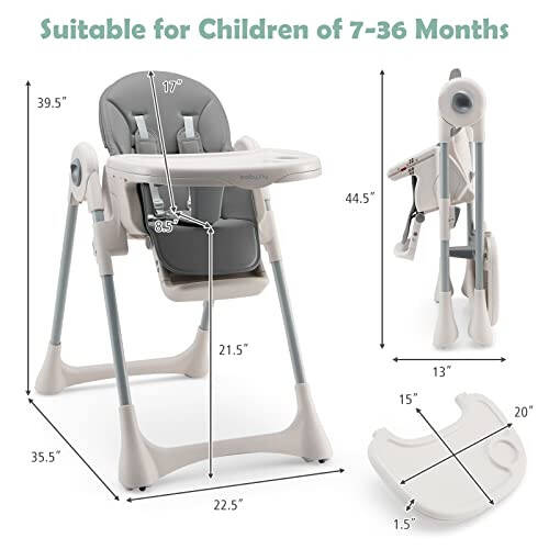 BABY JOY Dönüştürülebilir Yüksek Bebek Sandalyesi, Katlanabilir Yüksek Sandalye Ayarlanabilir Sırtlık/Ayaklık/Sandalye Yüksekliği ile, Çıkarılabilir Çift Tepsi, Çıkarılabilir PU Yastık, Dahili Ön Tekerlekler (Gri) - 35