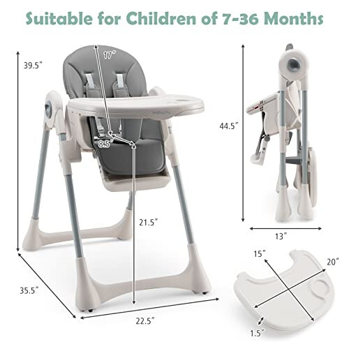 BABY JOY Dönüştürülebilir Yüksek Bebek Sandalyesi, Katlanabilir Yüksek Sandalye Ayarlanabilir Sırtlık/Ayaklık/Sandalye Yüksekliği ile, Çıkarılabilir Çift Tepsi, Çıkarılabilir PU Yastık, Dahili Ön Tekerlekler (Gri) - 28