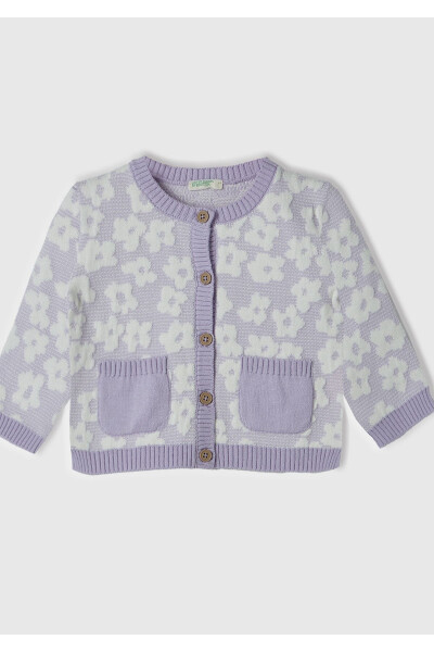 Baby Lilac 3D Flower Patterned Patch Pocket Zippered Buttoned Cardigan - 1