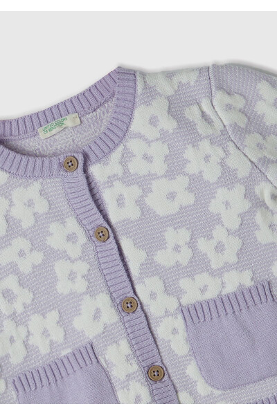 Baby Lilac 3D Flower Patterned Patch Pocket Zippered Buttoned Cardigan - 2