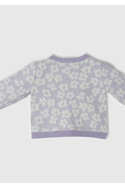 Baby Lilac 3D Flower Patterned Patch Pocket Zippered Buttoned Cardigan - 3