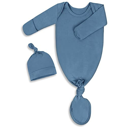 Baby Newborn Knotted Gown 0-6 Months, Super Soft Infant Long Sleeve Sleepwear for Girl and Boy, Baby Coming Home Hospital Outfit with Hat Set Light Blue - 43