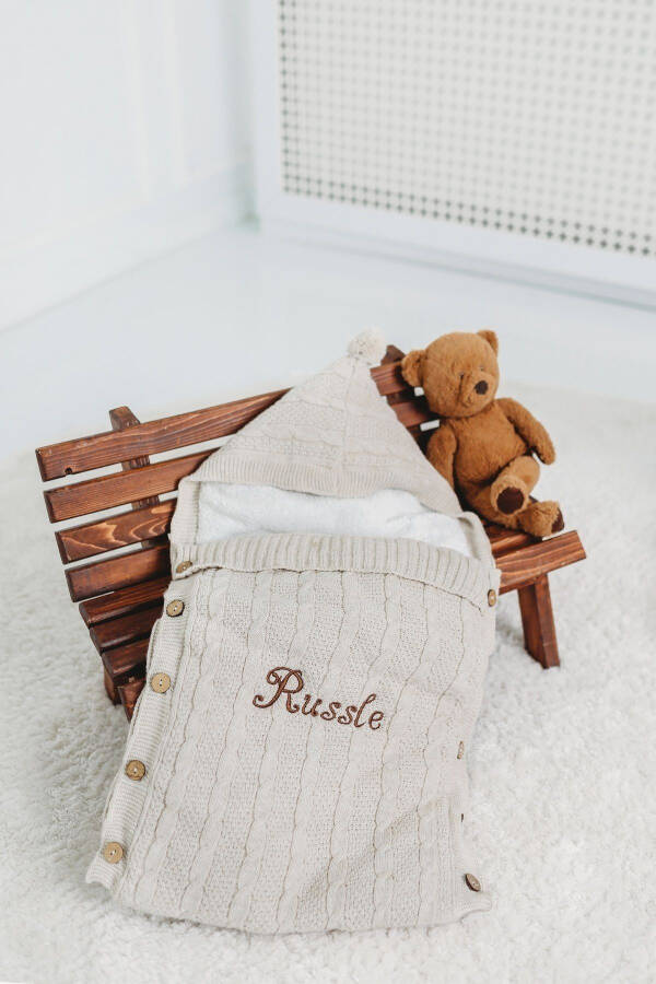 Baby Swaddle with Embroidered Name in Beige Knitted with Plush Interior Knitted Newborn Swaddle - 3