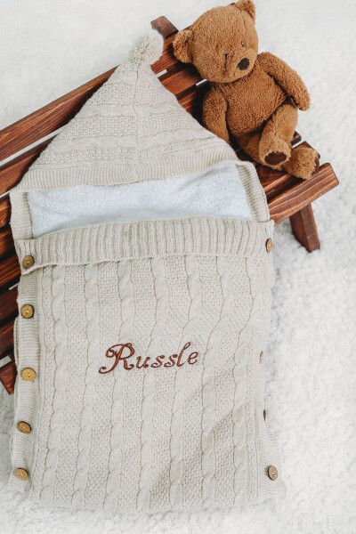 Baby Swaddle with Embroidered Name in Beige Knitted with Plush Interior Knitted Newborn Swaddle - 6