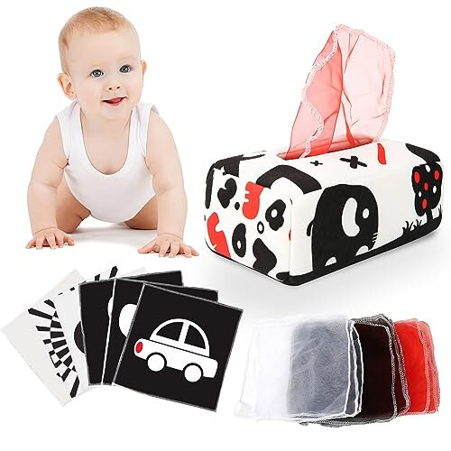 Baby Toys 6 to 12 Months - Baby Tissue Box Toy - Montessori Toys for 1 Year Old, Soft Stuffed & High Contrast Crinkle Infant Sensory Toys, Girls & Boys Early Learning Toys, Toddler Travel Toys, Baby Gifts - 1