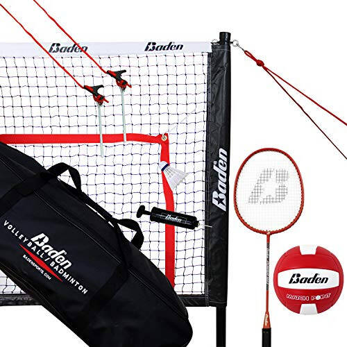 Baden Champions Volleyball/Badminton Portable Combo Set, 4 Raquets + 3 Birdies + Boundary + Volleyball + Pump + Carry Bag - 8