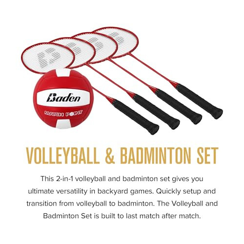 Baden Champions Volleyball/Badminton Portable Combo Set, 4 Raquets + 3 Birdies + Boundary + Volleyball + Pump + Carry Bag - 2