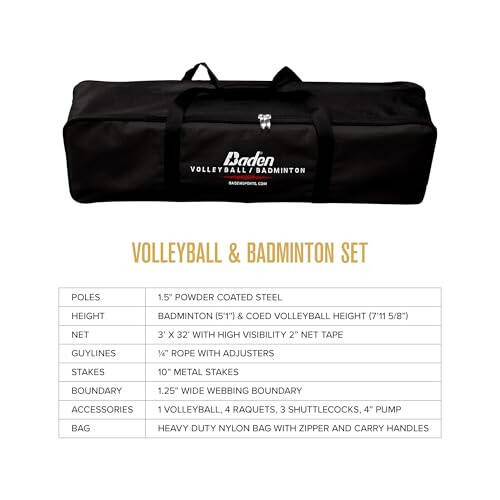 Baden Champions Volleyball/Badminton Portable Combo Set, 4 Raquets + 3 Birdies + Boundary + Volleyball + Pump + Carry Bag - 3