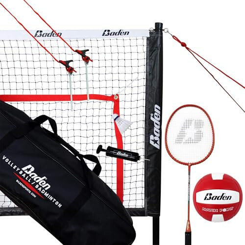 Baden Champions Volleyball/Badminton Portable Combo Set, 4 Raquets + 3 Birdies + Boundary + Volleyball + Pump + Carry Bag - 5