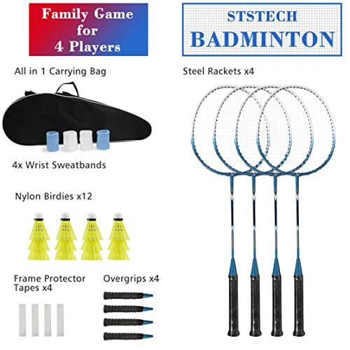 Bahçe Sporları İçin 4'lü Badminton Raket Seti, Yetişkinler Aile Raket Oyunu, 12 Şartlı Top, 4 Yedek Sap, 4 Bileklik ve Taşıma Çantası - 2