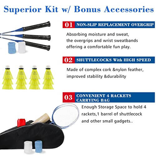 Bahçe Sporları İçin 4'lü Badminton Raket Seti, Yetişkinler Aile Raket Oyunu, 12 Şartlı Top, 4 Yedek Sap, 4 Bileklik ve Taşıma Çantası - 5