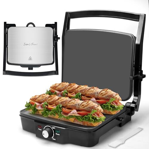 Baker's Friend Panini Press Electric Griddle, Panini Grill Press Sandwich Maker Press, Grilled Cheese Maker, Sandwichera Electrical, Browning Control, Non Stick Surfaces, 4-Slices, Stainless Steel - 1