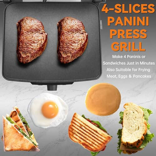 Baker's Friend Panini Press Electric Griddle, Panini Grill Press Sandwich Maker Press, Grilled Cheese Maker, Sandwichera Electrical, Browning Control, Non Stick Surfaces, 4-Slices, Stainless Steel - 2