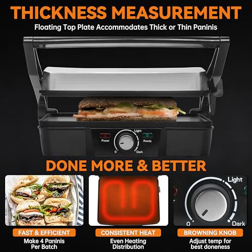 Baker's Friend Panini Press Electric Griddle, Panini Grill Press Sandwich Maker Press, Grilled Cheese Maker, Sandwichera Electrical, Browning Control, Non Stick Surfaces, 4-Slices, Stainless Steel - 3