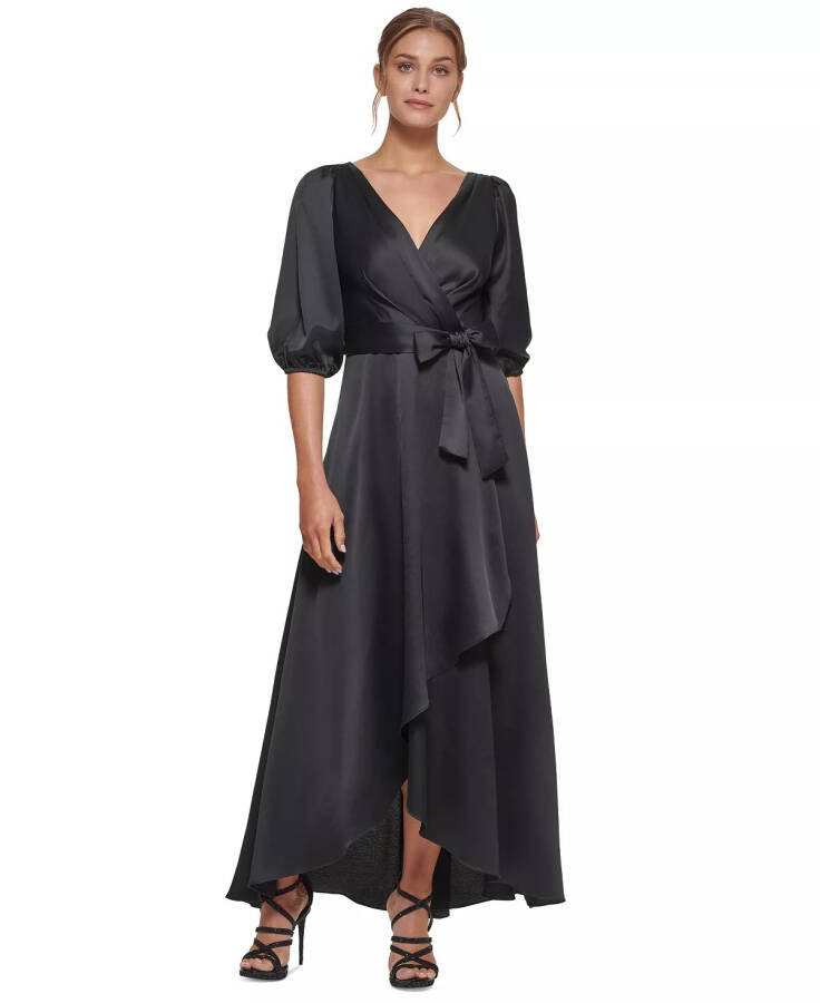 Balloon-Sleeve Faux-Wrap Gown Black - 1