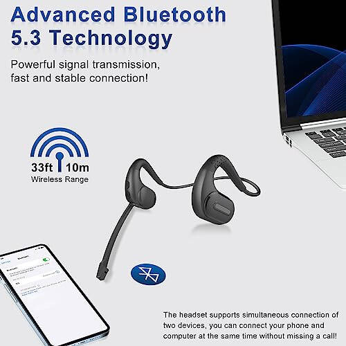 BANIGIPA Bluetooth Headset with Removable Microphone, Noise Cancelling Wireless Headset for Phones Laptop Computer PC, Open Ear Headphones for Office Meeting Running Cycling Driving Working-12 Hrs - 5