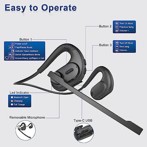 BANIGIPA Bluetooth Headset with Removable Microphone, Noise Cancelling Wireless Headset for Phones Laptop Computer PC, Open Ear Headphones for Office Meeting Running Cycling Driving Working-12 Hrs - 6