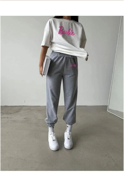 Barbie T-shirt Jogger Pants - Grey - White Printed Top and Bottom Tracksuit Oversize Crew Neck - 2