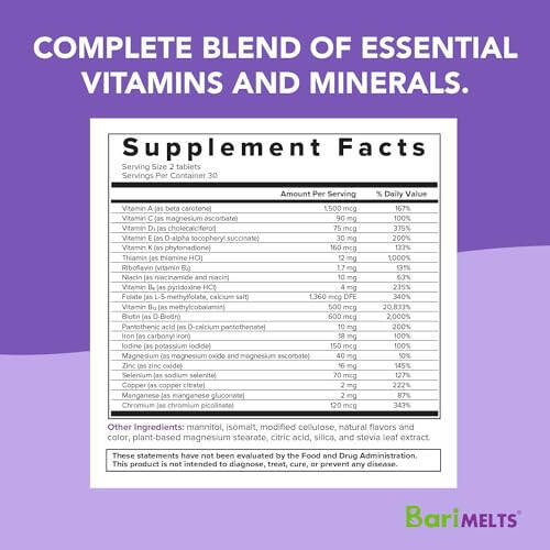 BariMelts Bariatrik Ko'p Vitaminli Temir bilan - 1 oylik Ta'minot (60 Tez Eriydigan Tabletka) - Operatsiyadan Keyingi Bariatrik Vitaminlar - 9