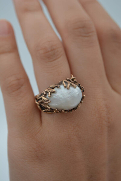 Baroque Pearl Women's Ring Metal Bronze Adjustable - 1