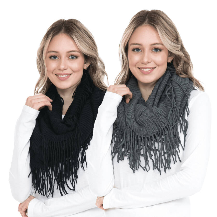 BASICO 2PK Warm Knit Winter Scarfs for Women Black and Charcoal Grey Infinity Scarf Circle Loop Scarves - 1