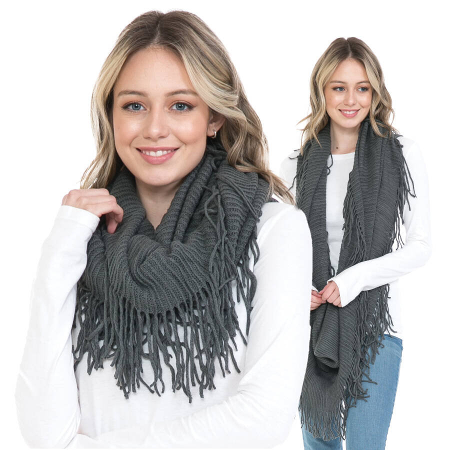 BASICO 2PK Warm Knit Winter Scarfs for Women Black and Charcoal Grey Infinity Scarf Circle Loop Scarves - 2