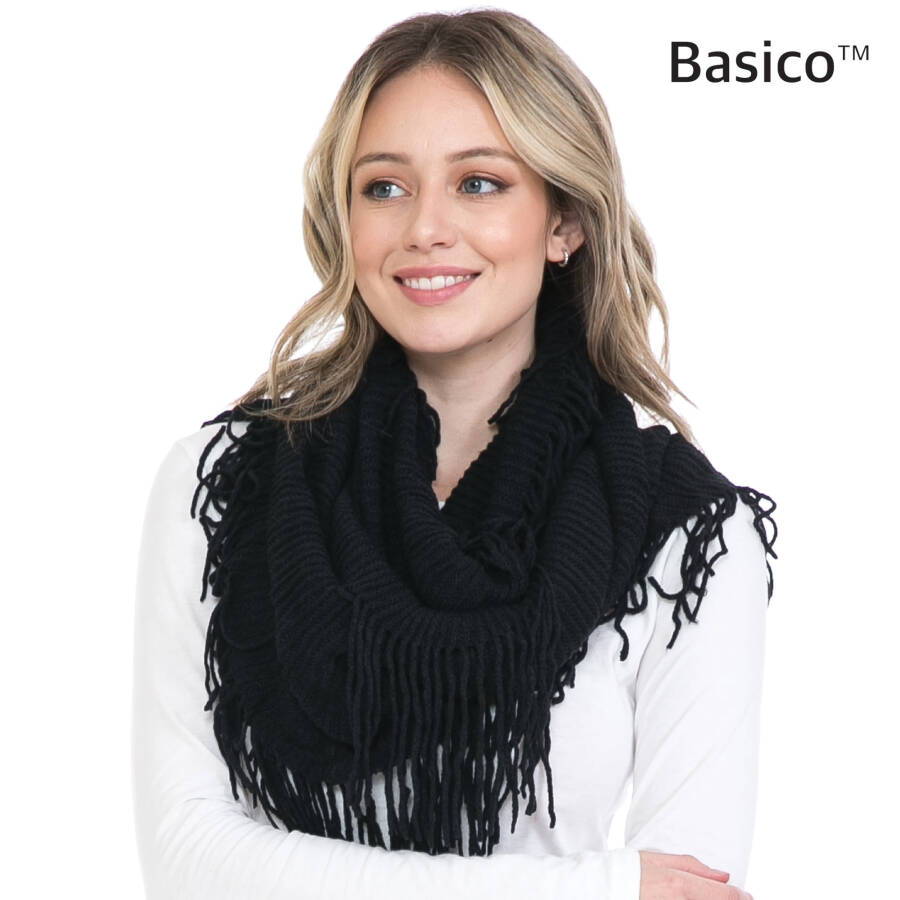 BASICO 2PK Warm Knit Winter Scarfs for Women Black and Charcoal Grey Infinity Scarf Circle Loop Scarves - 3