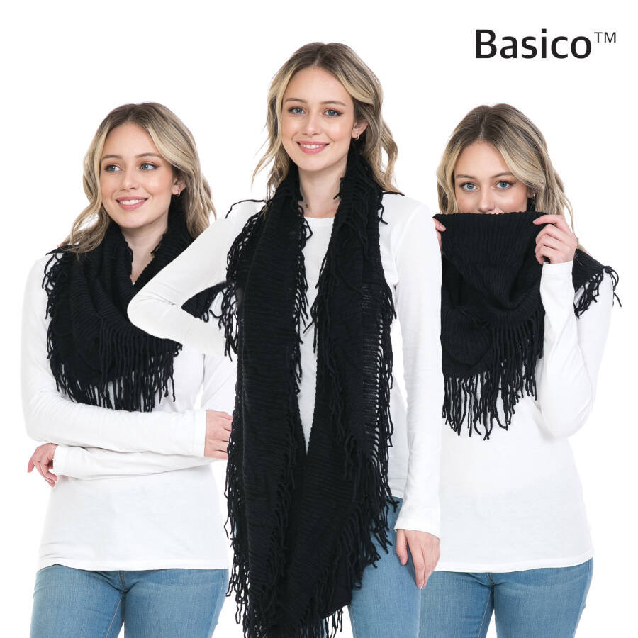 BASICO 2PK Warm Knit Winter Scarfs for Women Black and Charcoal Grey Infinity Scarf Circle Loop Scarves - 4