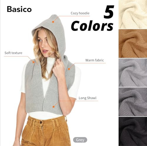 BASICO 5 Colors Knitted Hooded Scarf for Women Men Winter Balaclava - Cream White, Caramel, Light Grey, Heather Grey, Black - 4