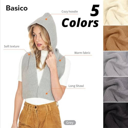 BASICO 5 Colors Knitted Hooded Scarf for Women Men Winter Balaclava - Cream White, Caramel, Light Grey, Heather Grey, Black - 4