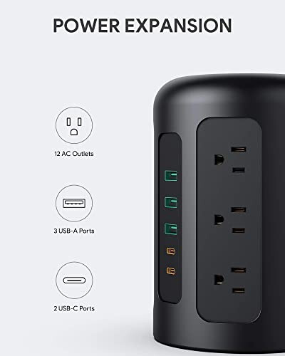 Башня с 20W USB C-розеткой с 12 розетками AC, защитой от скачков напряжения 1500J, зарядной станцией для iPhone 14/13 серии, 5FT удлинительным кабелем с несколькими розетками для общежитий, домашними/офисными принадлежностями, черный - 2