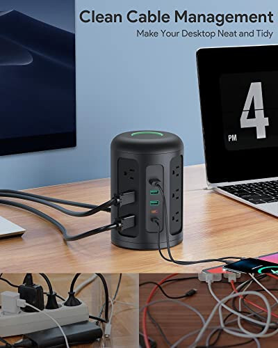 Башня с 20W USB C-розеткой с 12 розетками AC, защитой от скачков напряжения 1500J, зарядной станцией для iPhone 14/13 серии, 5FT удлинительным кабелем с несколькими розетками для общежитий, домашними/офисными принадлежностями, черный - 3