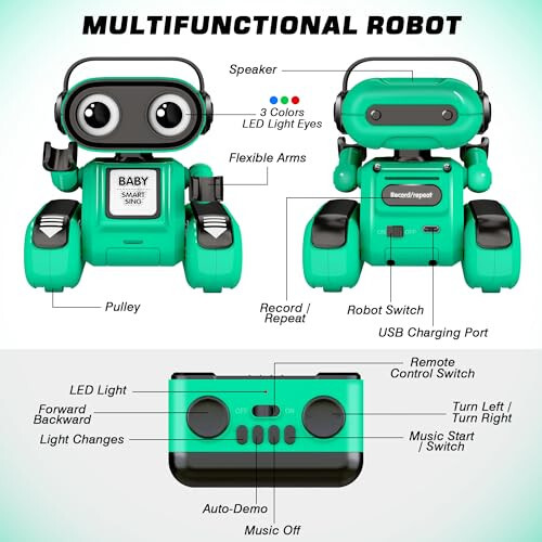 BASUN Erkek Kız Robot Oyuncakları, Uzaktan Kumandalı Robot Oyuncak, Şarj Edilebilir RC Robot Otomatik Gösteri, Kayıt, LED Gözler, Müzik, 3 4 5 6 7 Yaşındaki Erkek Kızlar İçin Noel Doğum Günü Hediyesi - Yeşil - 3