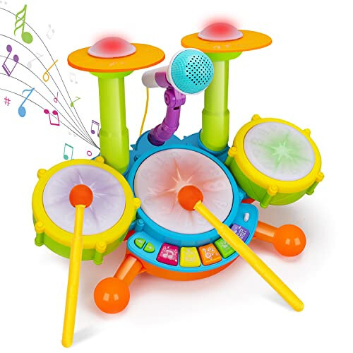 Basytodio Kids Drum Set Musical Toys for Toddlers 1-3 with 2 Sticks Microphone Instruments Piano Light Up 1 Year Old Boy Girl Gifts 6 12 18 Month Learning Developmental Toddler Age 2-4 Birthday Gift - 1