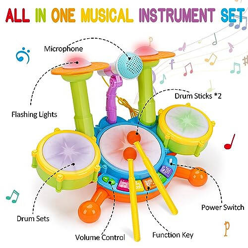 Basytodio Kids Drum Set Musical Toys for Toddlers 1-3 with 2 Sticks Microphone Instruments Piano Light Up 1 Year Old Boy Girl Gifts 6 12 18 Month Learning Developmental Toddler Age 2-4 Birthday Gift - 2