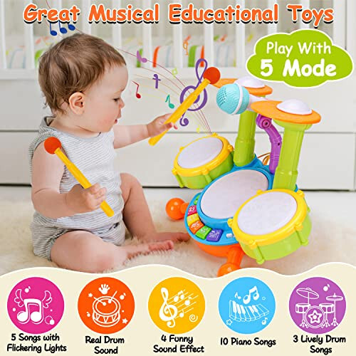 Basytodio Kids Drum Set Musical Toys for Toddlers 1-3 with 2 Sticks Microphone Instruments Piano Light Up 1 Year Old Boy Girl Gifts 6 12 18 Month Learning Developmental Toddler Age 2-4 Birthday Gift - 3