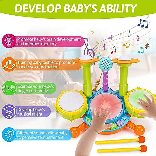 Basytodio Kids Drum Set Musical Toys for Toddlers 1-3 with 2 Sticks Microphone Instruments Piano Light Up 1 Year Old Boy Girl Gifts 6 12 18 Month Learning Developmental Toddler Age 2-4 Birthday Gift - 4