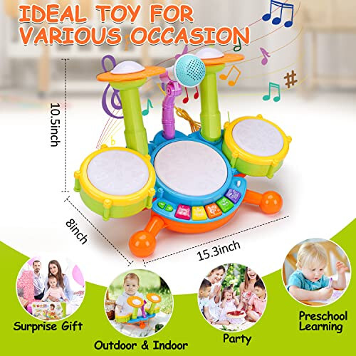 Basytodio Kids Drum Set Musical Toys for Toddlers 1-3 with 2 Sticks Microphone Instruments Piano Light Up 1 Year Old Boy Girl Gifts 6 12 18 Month Learning Developmental Toddler Age 2-4 Birthday Gift - 6