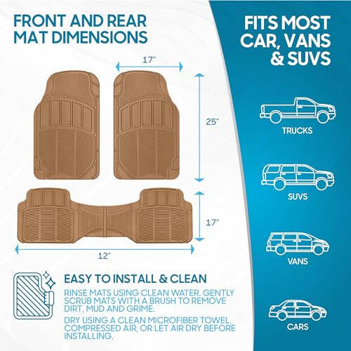 BDK ProLiner Diamond Grid 3pc Heavy Duty Front & Rear Rubber Floor Mats for Car SUV Van & Truck, All Weather Protection Universal Fit, Beige, 02-Diamond Grid (MT-623-BG_VAR) - 6