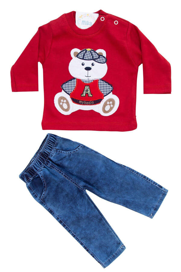 Bear Print Denim Pants Red Seasonal Set for Baby Boys - 1