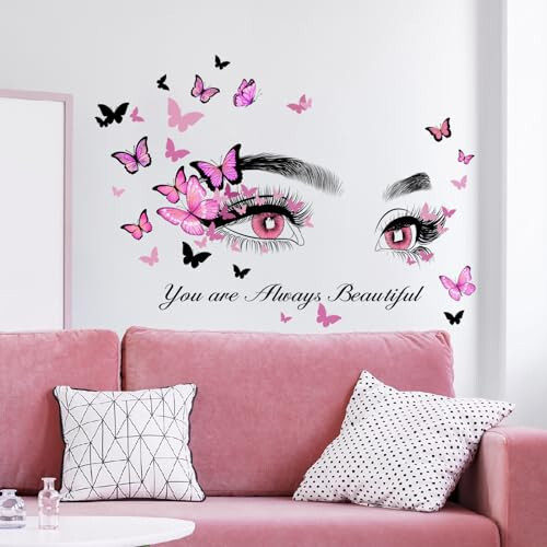 Beautiful Eyelash Eyes Wall Stickers Flying Butterfly Wall Decals You are Always Beautiful Quotes Wall Decor Vinyl Wall Art Butterflies Wall Decor Stickers for Women Girls Bedroom Living Room Decor - 1