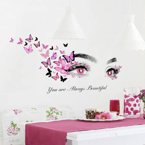 Beautiful Eyelash Eyes Wall Stickers Flying Butterfly Wall Decals You are Always Beautiful Quotes Wall Decor Vinyl Wall Art Butterflies Wall Decor Stickers for Women Girls Bedroom Living Room Decor - 2