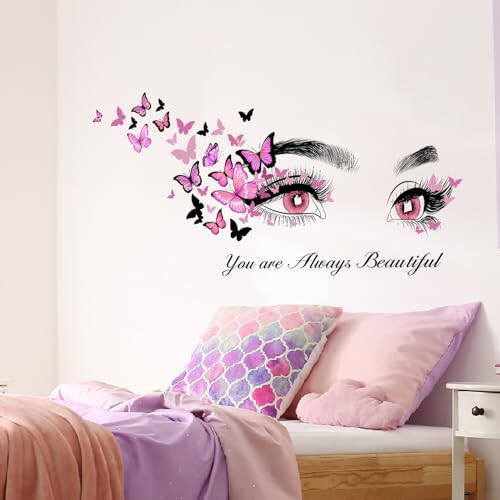 Beautiful Eyelash Eyes Wall Stickers Flying Butterfly Wall Decals You are Always Beautiful Quotes Wall Decor Vinyl Wall Art Butterflies Wall Decor Stickers for Women Girls Bedroom Living Room Decor - 3