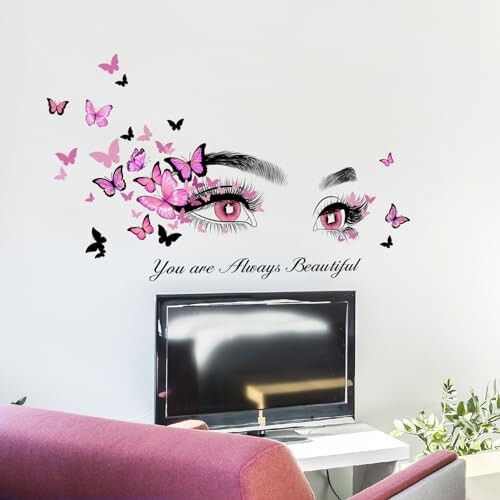 Beautiful Eyelash Eyes Wall Stickers Flying Butterfly Wall Decals You are Always Beautiful Quotes Wall Decor Vinyl Wall Art Butterflies Wall Decor Stickers for Women Girls Bedroom Living Room Decor - 4